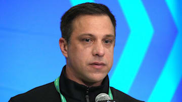 Feb 27, 2024; Indianapolis, IN, USA; Kansas City Chiefs general manager Brett Veach speaks during a press conference at the NFL Scouting Combine at Indiana Convention Center. Mandatory Credit: Kirby Lee-Imagn Images