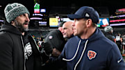 Nov 28, 2025; Philadelphia, Pennsylvania, USA; Philadelphia Eagles head coach Nick Sirianni speaks with Chicago Bears head coach Ben Johnson after the game at Lincoln Financial Field. Mandatory Credit: Eric Hartline-Imagn Images