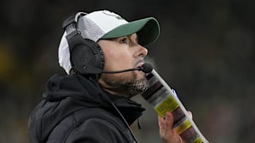 Nov 28, 2024; Green Bay, Wisconsin, USA;  Green Bay Packers head coach Matt LaFleur looks on from the sidelines during the fourth quarter against the Miami Dolphins at Lambeau Field. Mandatory Credit: Jeff Hanisch-Imagn Images