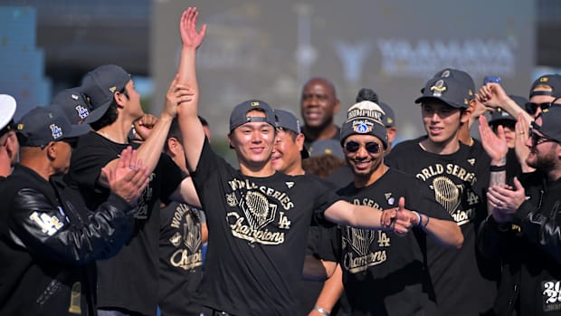 Yoshinobu Yamamoto celebrating World Series win