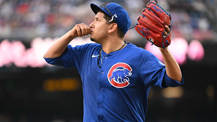 Aug 31, 2024; Washington, District of Columbia, USA; Chicago Cubs starting pitcher Javier Assad (72) reacts after coming off the mound against the Washington Nationals during the sixth inning at Nationals Park