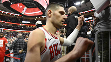Feb 4, 2025; Chicago, Illinois, USA;  Chicago Bulls center Nikola Vucevic (9) leaves the court after the game against the Miami Heat  at United Center. Mandatory Credit: Matt Marton-Imagn Images