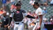 Jul 30, 2025; Baltimore, Maryland, USA; Baltimore Orioles pitcher Dean Kremer (64) greeted by catcher Alex Jackson (70) after the second inning against the Toronto Blue Jays at Oriole Park at Camden Yards. Mandatory Credit: Mitch Stringer-Imagn Images