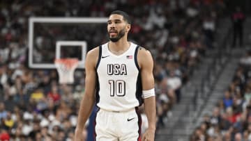 Jul 10, 2024; Las Vegas, Nevada, USA; Duke basketball forward Jayson Tatum playing for Team USA