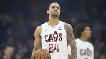 Apr 13, 2025; Cleveland, Ohio, USA; Cleveland Cavaliers forward Jaylon Tyson (24) stands on the court in the first quarter against the Indiana Pacers at Rocket Arena. Mandatory Credit: David Richard-Imagn Images