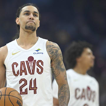 Apr 13, 2025; Cleveland, Ohio, USA; Cleveland Cavaliers forward Jaylon Tyson (24) stands on the court in the first quarter against the Indiana Pacers at Rocket Arena. Mandatory Credit: David Richard-Imagn Images