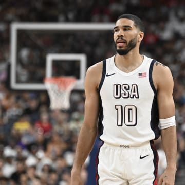 Jul 10, 2024; Las Vegas, Nevada, USA; USA forward Jayson Tatum (10) looks on in the third quarter against Canada in the USA Basketball Showcase at T-Mobile Arena. Mandatory Credit: Candice Ward-USA TODAY Sports