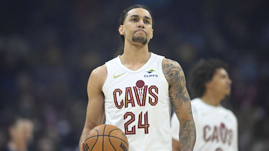 Apr 13, 2025; Cleveland, Ohio, USA; Cleveland Cavaliers forward Jaylon Tyson (24) stands on the court in the first quarter against the Indiana Pacers at Rocket Arena. Mandatory Credit: David Richard-Imagn Images