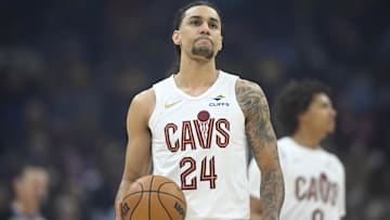 Apr 13, 2025; Cleveland, Ohio, USA; Cleveland Cavaliers forward Jaylon Tyson (24) stands on the court in the first quarter against the Indiana Pacers at Rocket Arena. Mandatory Credit: David Richard-Imagn Images