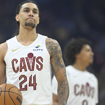 Apr 13, 2025; Cleveland, Ohio, USA; Cleveland Cavaliers forward Jaylon Tyson (24) stands on the court in the first quarter against the Indiana Pacers at Rocket Arena. Mandatory Credit: David Richard-Imagn Images