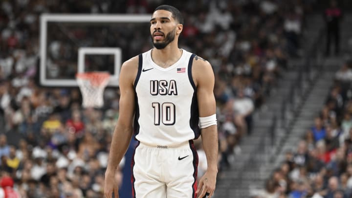 USA forward Jayson Tatum (10) looks on in the third quarter against Canada in the USA Basketball Showcase at T-Mobile Arena. Mandatory Credit: Candice Ward-USA TODAY Sports