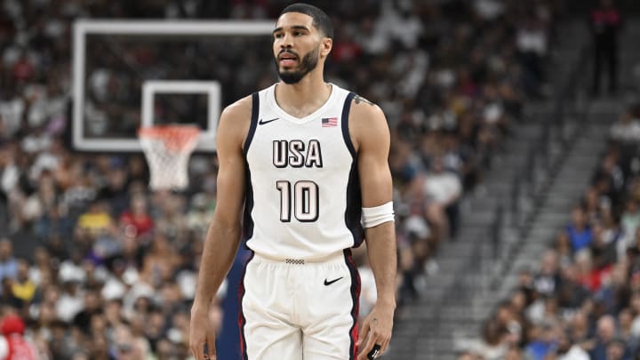 Jayson Tatum (10) looks on in the third quarter against Canada in the USA Basketball Showcase at T-Mobile Arena.