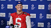New York Giants quarterback Jaxson Dart speaks to members of the press after rookie minicamp.