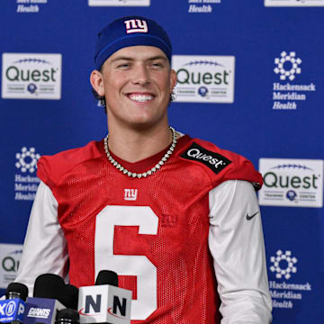 New York Giants quarterback Jaxson Dart speaks to members of the press after rookie minicamp.