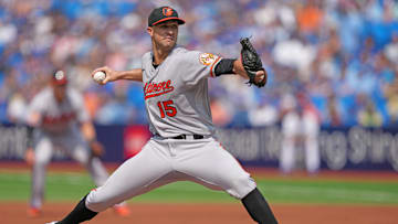 Aug 3, 2023; Toronto, Ontario, CAN; Baltimore Orioles starting pitcher Jack Flaherty (15) throws a pitch against the Toronto Blue Jays