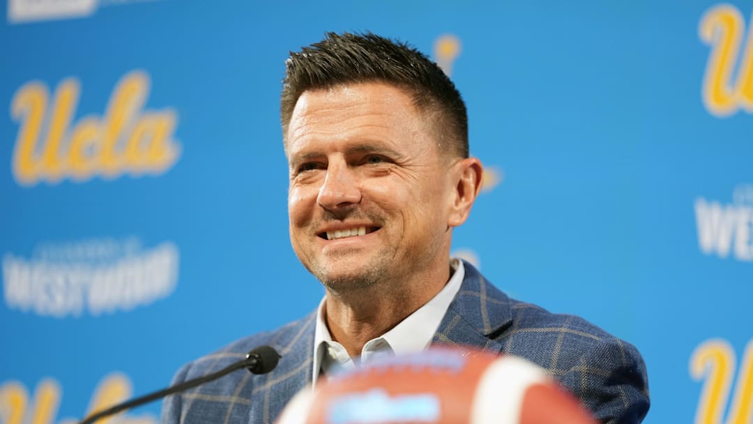 Dec 9, 2025; Los Angeles, CA, USA; Bob Chesney is introduced as UCLA Bruins football coach at press conference at Renee Luskin Conference Center Centennial Ballroom. Mandatory Credit: Kirby Lee-Imagn Images