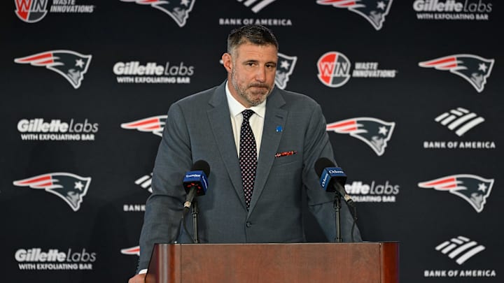 Mike Vrabel addresses media at a press conference to announce his hiring as the New England Patriots head coach at Gillette Stadium.