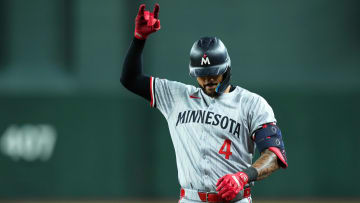 Jun 26, 2024; Phoenix, Arizona, USA; Minnesota Twins shortstop Carlos Correa (4) reacts after hitting a single against the Arizona Diamondbacks during the third inning at Chase Field. Mandatory Credit: Joe Camporeale-USA TODAY Sports