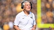 Oct 12, 2024; Iowa City, Iowa, USA; Iowa Hawkeyes head coach Kirk Ferentz looks on during the fourth quarter against the Washington Huskies at Kinnick Stadium. The victory would the 200th of Ferentz’s Big Ten career. Mandatory Credit: Jeffrey Becker-Imagn Images
