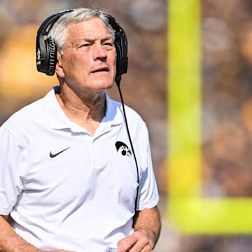 Oct 12, 2024; Iowa City, Iowa, USA; Iowa Hawkeyes head coach Kirk Ferentz looks on during the fourth quarter against the Washington Huskies at Kinnick Stadium. The victory would the 200th of Ferentz’s Big Ten career. Mandatory Credit: Jeffrey Becker-Imagn Images