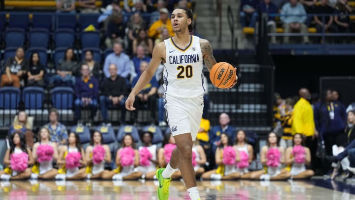 Feb 24, 2024; Berkeley, California, USA; California Golden Bears guard Jaylon Tyson (20) dribbles against the Oregon Ducks during the first half at Haas Pavilion. Mandatory Credit: Darren Yamashita-USA TODAY Sports