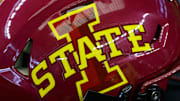 Jul 14, 2022; Arlington, TX, USA; A view of the Iowa State Cyclones helmet logo during the Big 12 Media Day at AT&T Stadium. 