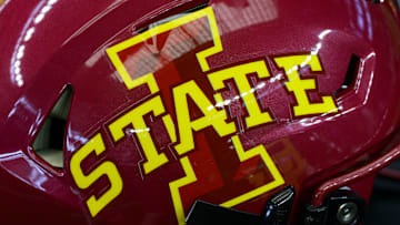 Jul 14, 2022; Arlington, TX, USA; A view of the Iowa State Cyclones helmet logo during the Big 12 Media Day at AT&T Stadium. 