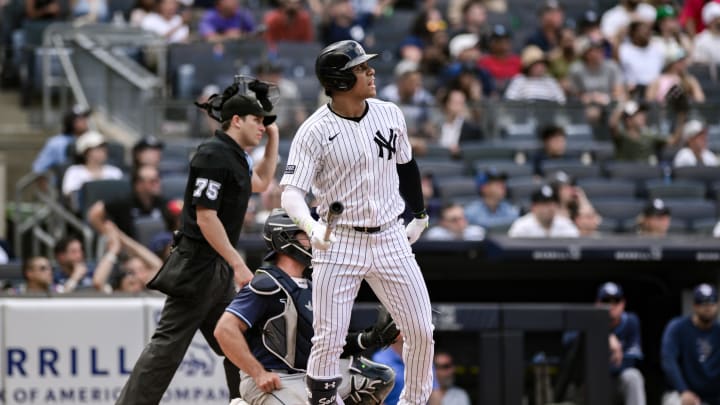 Jul 21, 2024; Bronx, New York, USA; New York Yankees outfielder Juan Soto (22) hits a RBI double against the Tampa Bay Rays during the ninth inning at Yankee Stadium. Mandatory Credit: John Jones-USA TODAY Sports