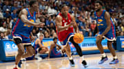 Kansas men's basketball's Elmarko Jackson (13) drives to the basket during Late Night in the Phog, Friday, Oct. 17, 2025 at Allen Fieldhouse .