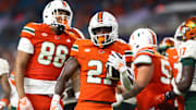 Sep 7, 2024; Miami Gardens, Florida, USA; Miami Hurricanes running back Jordan Lyle (21) reacts after running with the football against the Florida A&M Rattlers during the third quarter at Hard Rock Stadium. Mandatory Credit: Sam Navarro-Imagn Images