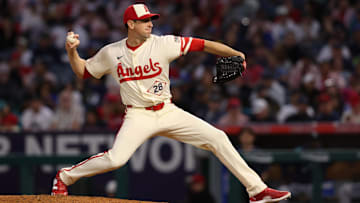 Jun 6, 2025; Anaheim, California, USA; Los Angeles Angels pitcher Kyle Hendricks (28) throws during the sixth inning against the Seattle Mariners at Angel Stadium. Jason Parkhurst-Imagn Images