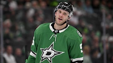 Apr 8, 2025; Dallas, Texas, USA; Dallas Stars right wing Mikko Rantanen (96) looks on during the second period against the Vancouver Canucks at the American Airlines Center. Mandatory Credit: Jerome Miron-Imagn Images