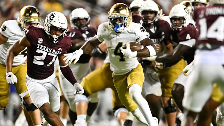 Aug 31, 2024; College Station, Texas, USA; Notre Dame Fighting Irish running back Jeremiyah Love (4) runs the ball for a touchdown in the fourth quarter against the Texas A&M Aggies at Kyle Field. Mandatory Credit: Maria Lysaker-Imagn Images