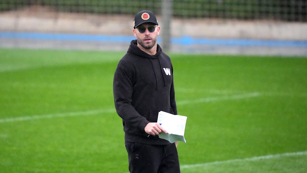 Nov 13, 2025; Madrid, Spain; Washington Commanders offensive coordinator Kliff Kingsbury during practice at Ciudad Deportiva del Real Madrid. Mandatory Credit: Kirby Lee-Imagn Images