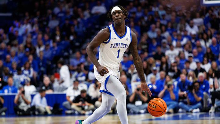 Oct 24, 2025; Lexington, KY, USA; Kentucky Wildcats guard Denzel Aberdeen (1) dribbles the ball during the second half against the Purdue Boilermakers at Rupp Arena at Central Bank Center. Mandatory Credit: Jordan Prather-Imagn Images