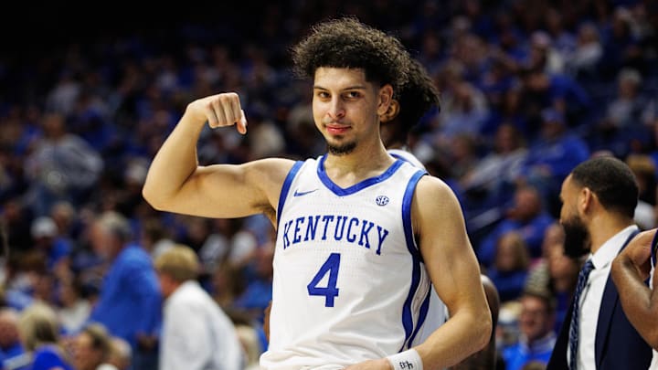 Nov 9, 2024; Lexington, Kentucky, USA; Kentucky Wildcats guard Koby Brea (4) celebrates from the bench during the second half against the Bucknell Bison at Rupp Arena at Central Bank Center. Mandatory Credit: Jordan Prather-Imagn Images