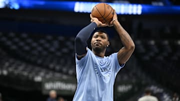 Oct 7, 2024; Dallas, Texas, USA; Memphis Grizzlies guard Marcus Smart (36) warms up before the game between the Dallas Mavericks and the Memphis Grizzlies at the American Airlines Center. Mandatory Credit: Jerome Miron-Imagn Images