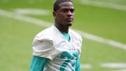 Nov 14, 2025; Madrid, Spain; Miami Dolphins running back De'Von Achane (28) during practice at Estadio Riyadh Air Metropolitano. Mandatory Credit: Kirby Lee-Imagn Images
