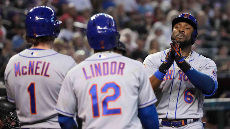 Jul 4, 2023; Phoenix, Arizona, USA; New York Mets right fielder Starling Marte (6) celebrates with