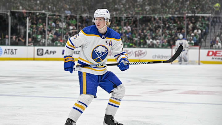 Apr 9, 2024; Dallas, Texas, USA; Buffalo Sabres defenseman Rasmus Dahlin (26) skates against the Dallas Stars during the third period at the American Airlines Center. Mandatory Credit: Jerome Miron-Imagn Images