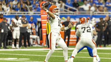 Sep 28, 2025; Detroit, Michigan, USA; Cleveland Browns quarterback Joe Flacco (15) makes a pass during the second half against the Detroit Lions at Ford Field. Mandatory Credit: David Reginek-Imagn Images