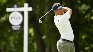 May 18, 2024; Louisville, Kentucky, USA; Xander Schauffele tees off on the eighth hole during the