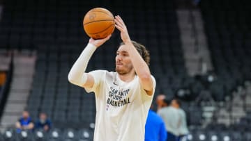 Mar 19, 2024; San Antonio, Texas, USA;  San Antonio Spurs forward Cedi Osman (16) warms up before the game against the Dallas Mavericks at Frost Bank Center. Mandatory Credit: Daniel Dunn-USA TODAY Sports