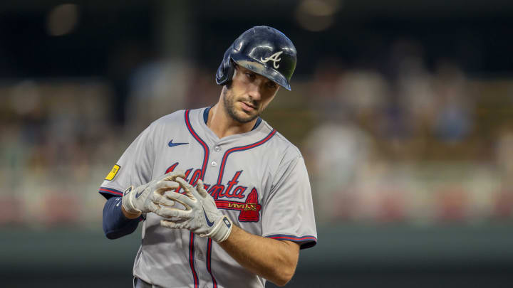 Atlanta Braves first baseman Matt Olson (28) celebrates rounding third base after hitting a three run home run against the Minnesota Twins in the first inning at Target Field on Aug 26.