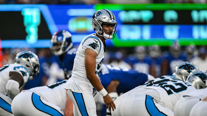 Aug 18, 2023; East Rutherford, New Jersey, USA; Carolina Panthers quarterback Bryce Young (9) takes a snap against the New York Giants during the first quarter at MetLife Stadium.  