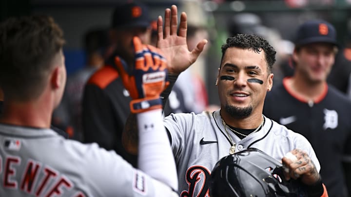 May 4, 2025; Anaheim, California, USA; Detroit Tigers outfielder Javier Baez (28) celebrates with teammates after scoring against the Los Angeles Angels during the sixth inning at Angel Stadium. 