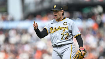 Jul 30, 2025; San Francisco, California, USA; Pittsburgh Pirates pitcher Isaac Mattson (72) celebrates their win over the San Francisco Giants at Oracle Park. Mandatory Credit: Eakin Howard-Imagn Images