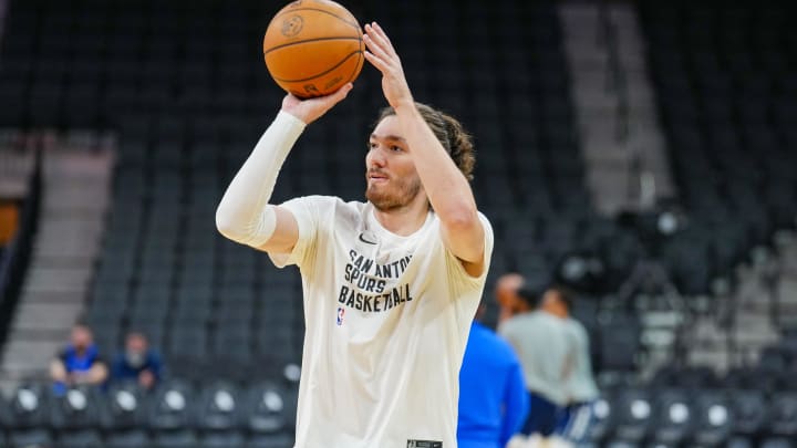 Mar 19, 2024; San Antonio, Texas, USA;  San Antonio Spurs forward Cedi Osman (16) warms up before the game against the Dallas Mavericks at Frost Bank Center. Mandatory Credit: Daniel Dunn-USA TODAY Sports