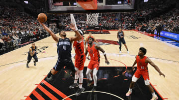 Oct 27, 2023; Portland, Oregon, USA; Orlando Magic guard Jalen Suggs (4) drives to the basket during