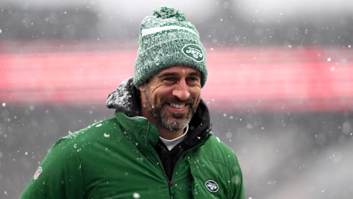 Jan 7, 2024; Foxborough, Massachusetts, USA; New York Jets quarterback Aaron Rodgers (8)  walks off of the field before a game against the New England Patriots at Gillette Stadium. Mandatory Credit: Brian Fluharty-USA TODAY Sports